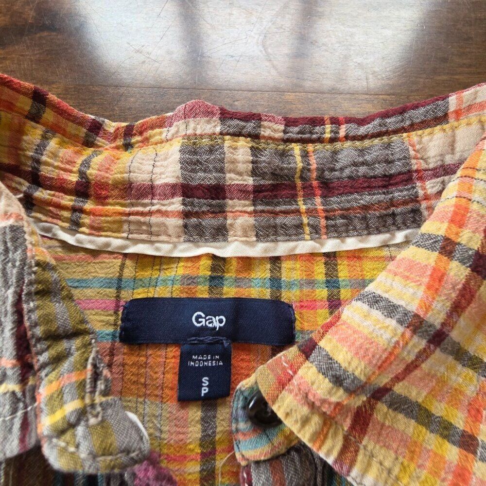 Gap Plaid Popover Shirt S Multicolor 100% Cotton Half Button Top Cinched Sleeve - Picture 4 of 9